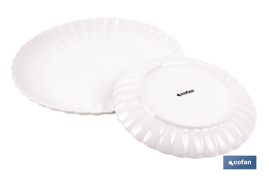 Vajilla de porcelana esmaltada de color blanco con diseño en relieve | Set de 16 piezas | Apta para lavavajillas, microondas y horno - Cofan