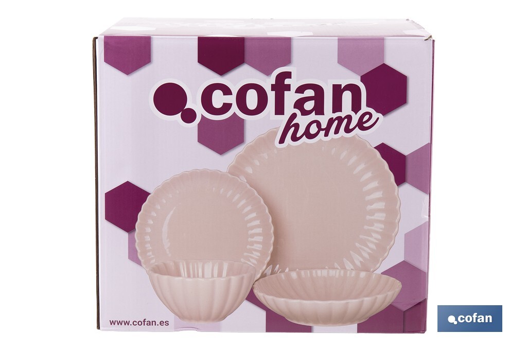 Vajilla de porcelana esmaltada en color rosa nude con diseño en relieve | Set de 16 piezas | Apta para lavavajillas, microondas y horno - Cofan