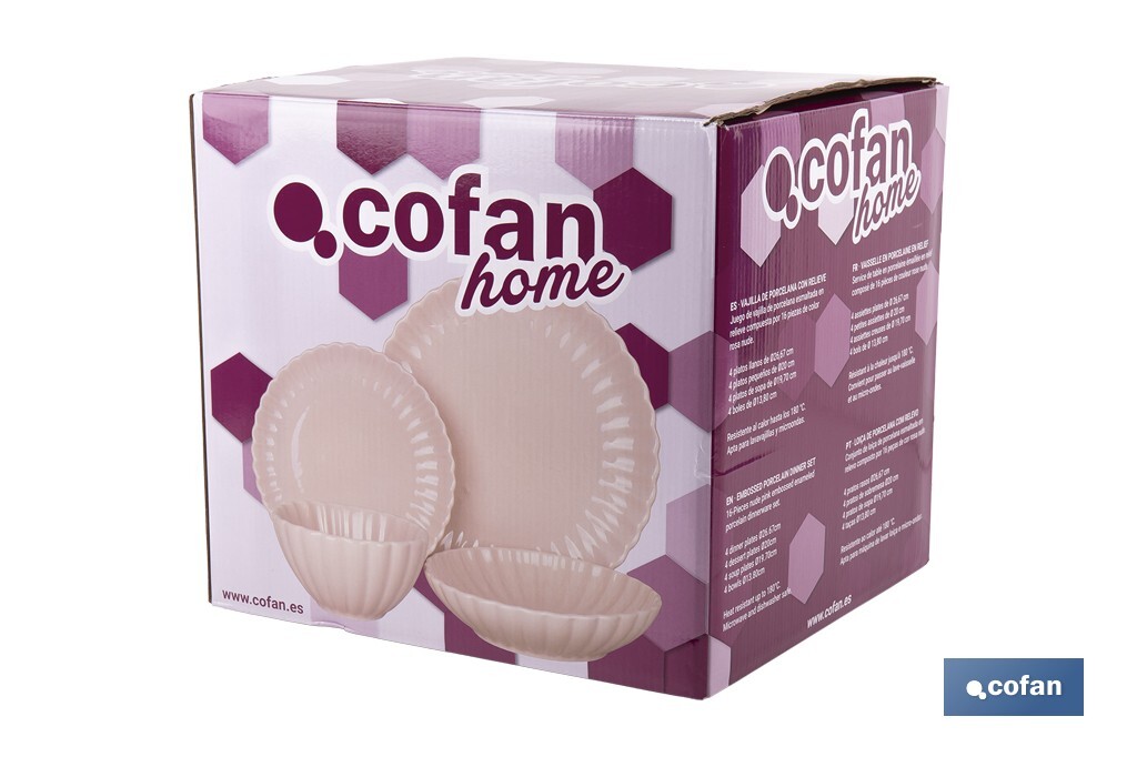 Vajilla de porcelana esmaltada en color rosa nude con diseño en relieve | Set de 16 piezas | Apta para lavavajillas, microondas y horno - Cofan