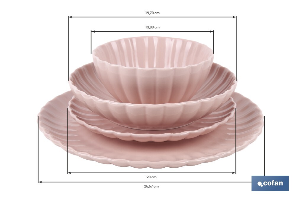 Vajilla de porcelana esmaltada en color rosa nude con diseño en relieve | Set de 16 piezas | Apta para lavavajillas, microondas y horno - Cofan