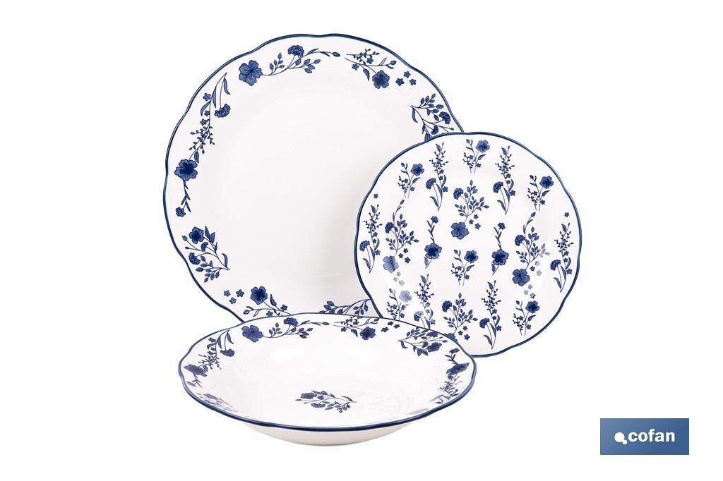 Vajilla de porcelana con flores azules | Set de 18 piezas | Adecuado para 6 personas | Apta para lavavajillas, microondas y horno - Cofan