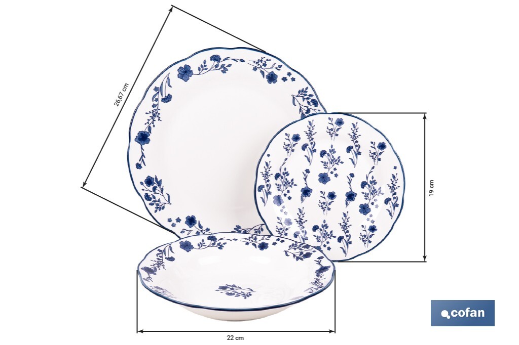 Vajilla de porcelana con flores azules | Set de 18 piezas | Adecuado para 6 personas | Apta para lavavajillas, microondas y horno - Cofan