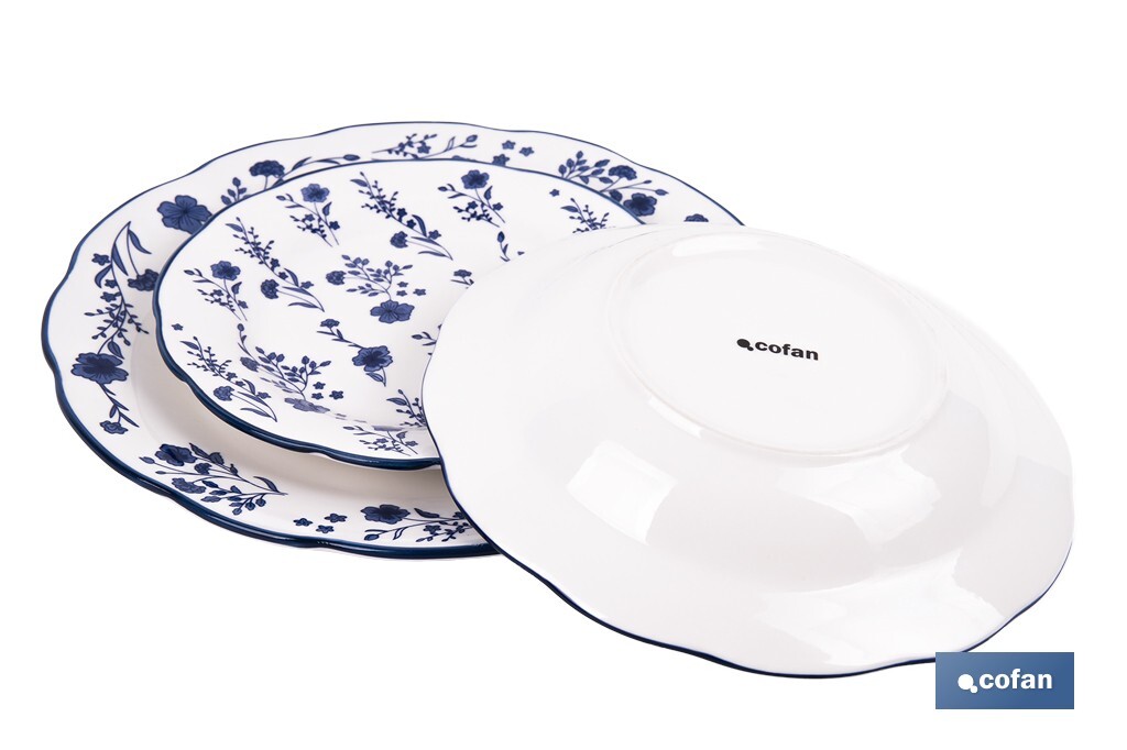 Vajilla de porcelana con flores azules | Set de 18 piezas | Adecuado para 6 personas | Apta para lavavajillas, microondas y horno - Cofan