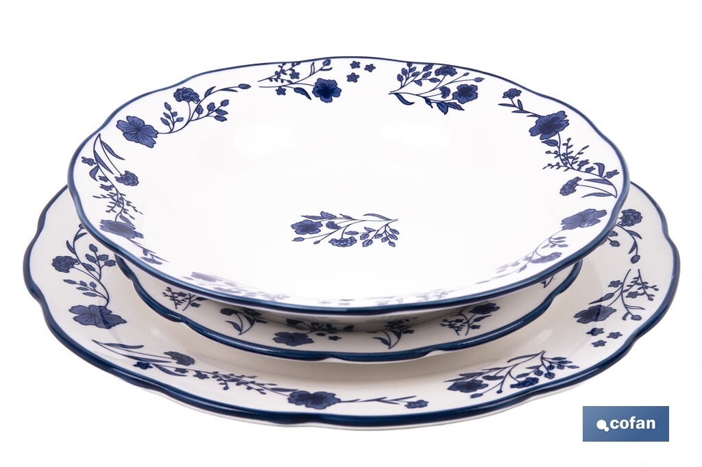 Vajilla de porcelana con flores azules | Set de 18 piezas | Adecuado para 6 personas | Apta para lavavajillas, microondas y horno - Cofan