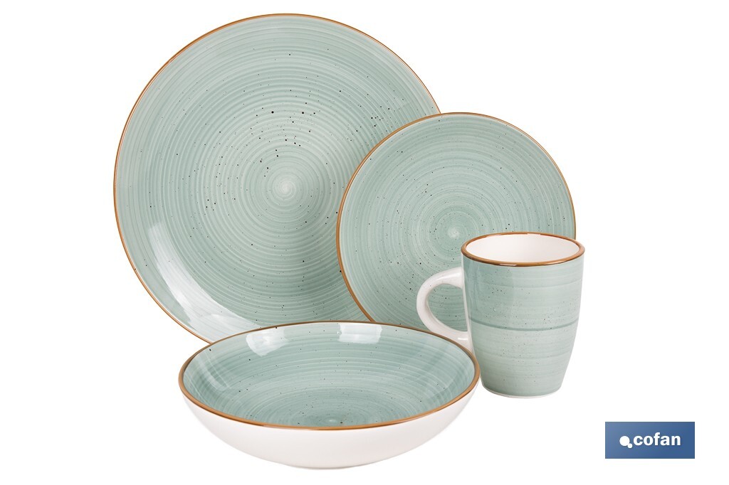 Vajilla de cerámica verde agua pintada a mano | Set de 16 piezas | Apta para lavavajillas, microondas y horno - Cofan
