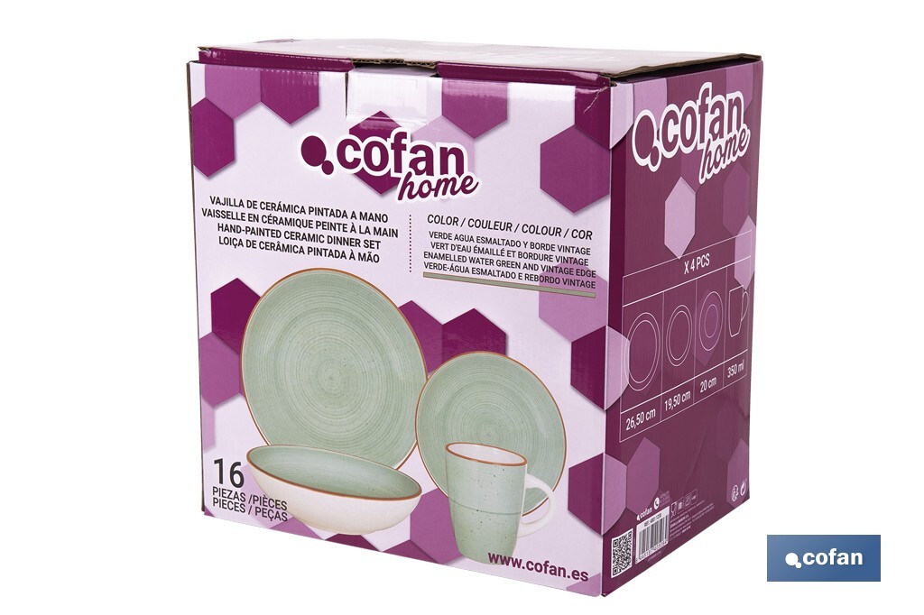 Vajilla de cerámica verde agua pintada a mano | Set de 16 piezas | Apta para lavavajillas, microondas y horno - Cofan