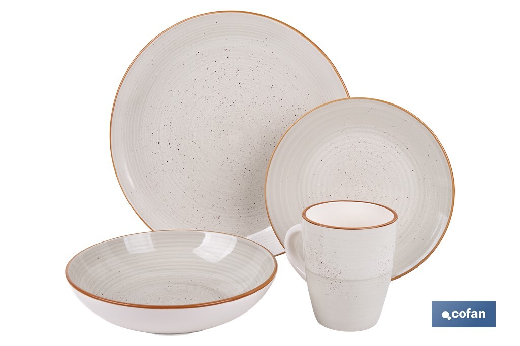 Vajilla de cerámica color beige pintada a mano | Set de 16 piezas | Apta para lavavajillas, microondas y horno - Cofan