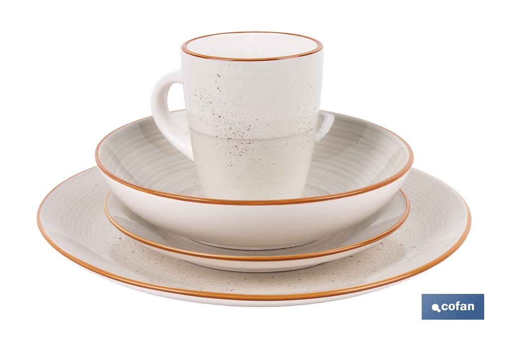 Vajilla de cerámica color beige pintada a mano | Set de 16 piezas | Apta para lavavajillas, microondas y horno - Cofan