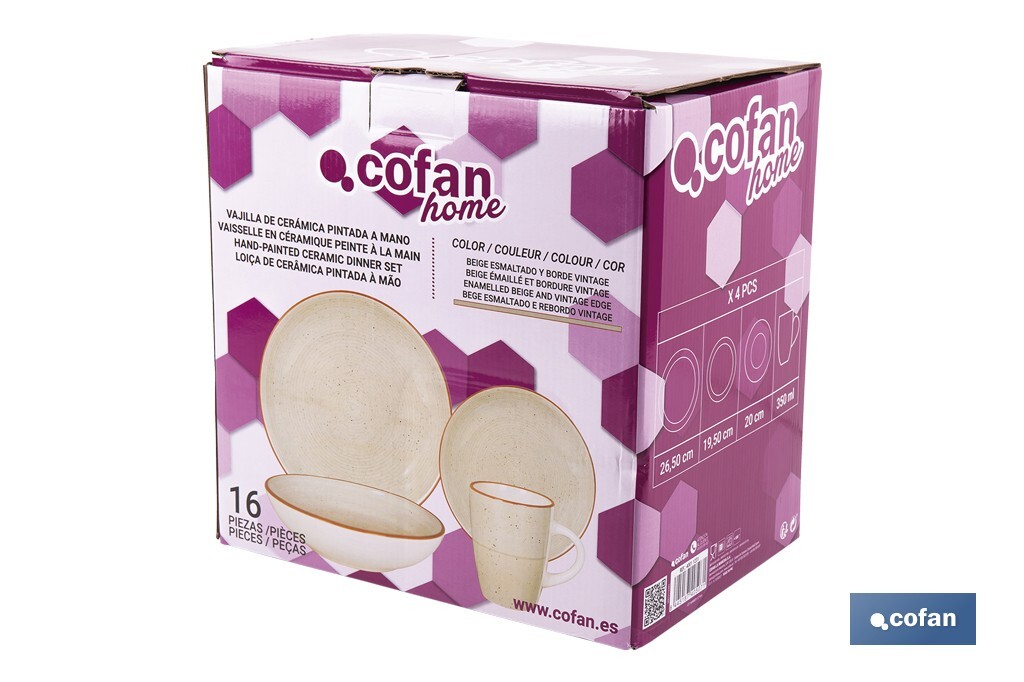 Vajilla de cerámica color beige pintada a mano | Set de 16 piezas | Apta para lavavajillas, microondas y horno - Cofan
