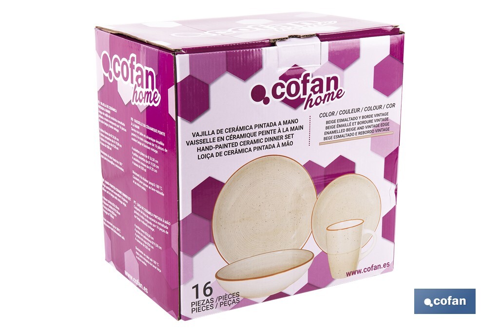 Vajilla de cerámica color beige pintada a mano | Set de 16 piezas | Apta para lavavajillas, microondas y horno - Cofan