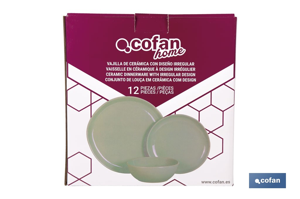 Green ceramic dinnerware set | Set of 12 pieces | Irregular design | Dishwasher and microwave safe - Cofan