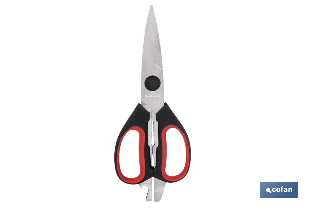 Tijeras de cocina multiusos con mango antideslizante | Hojas de acero inoxidable | Longitud: 21,5 cm | Perfectas para cortar, partir nueces y abrir botellas - Cofan