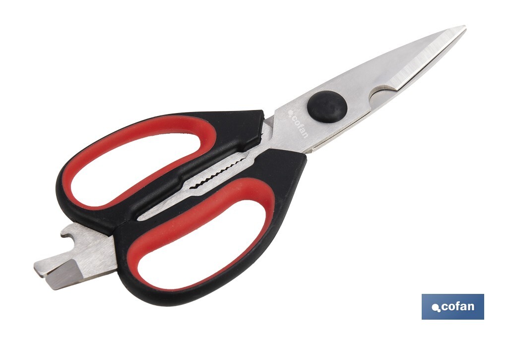 Tijeras de cocina multiusos con mango antideslizante | Hojas de acero inoxidable | Longitud: 21,5 cm | Perfectas para cortar, partir nueces y abrir botellas - Cofan
