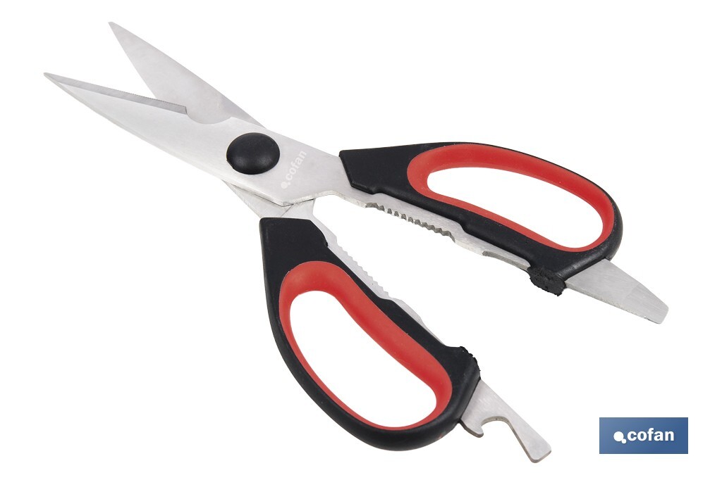 Tijeras de cocina multiusos con mango antideslizante | Hojas de acero inoxidable | Longitud: 21,5 cm | Perfectas para cortar, partir nueces y abrir botellas - Cofan