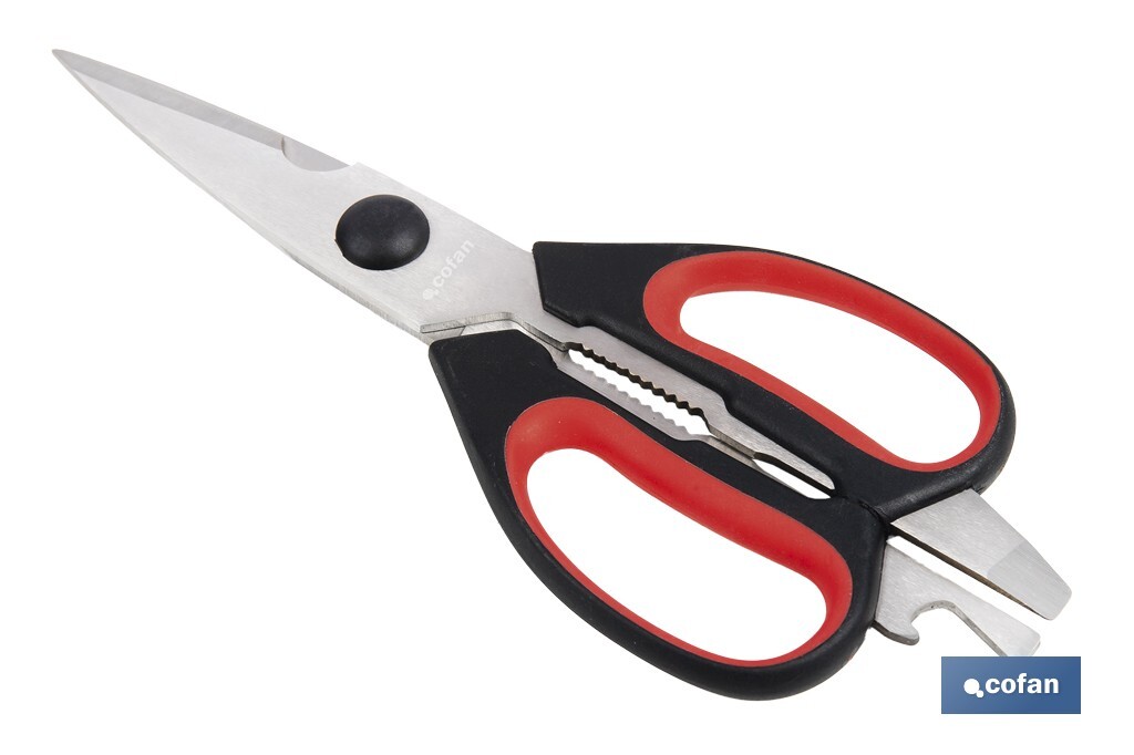 Tijeras de cocina multiusos con mango antideslizante | Hojas de acero inoxidable | Longitud: 21,5 cm | Perfectas para cortar, partir nueces y abrir botellas - Cofan
