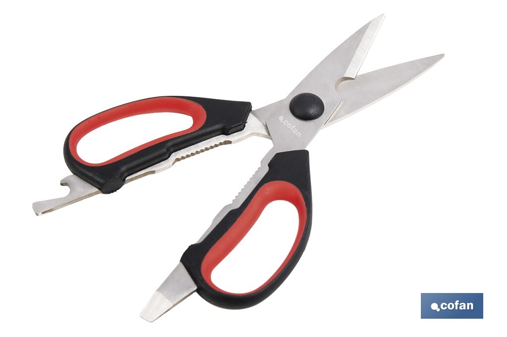 Tijeras de cocina multiusos con mango antideslizante | Hojas de acero inoxidable | Longitud: 21,5 cm | Perfectas para cortar, partir nueces y abrir botellas - Cofan