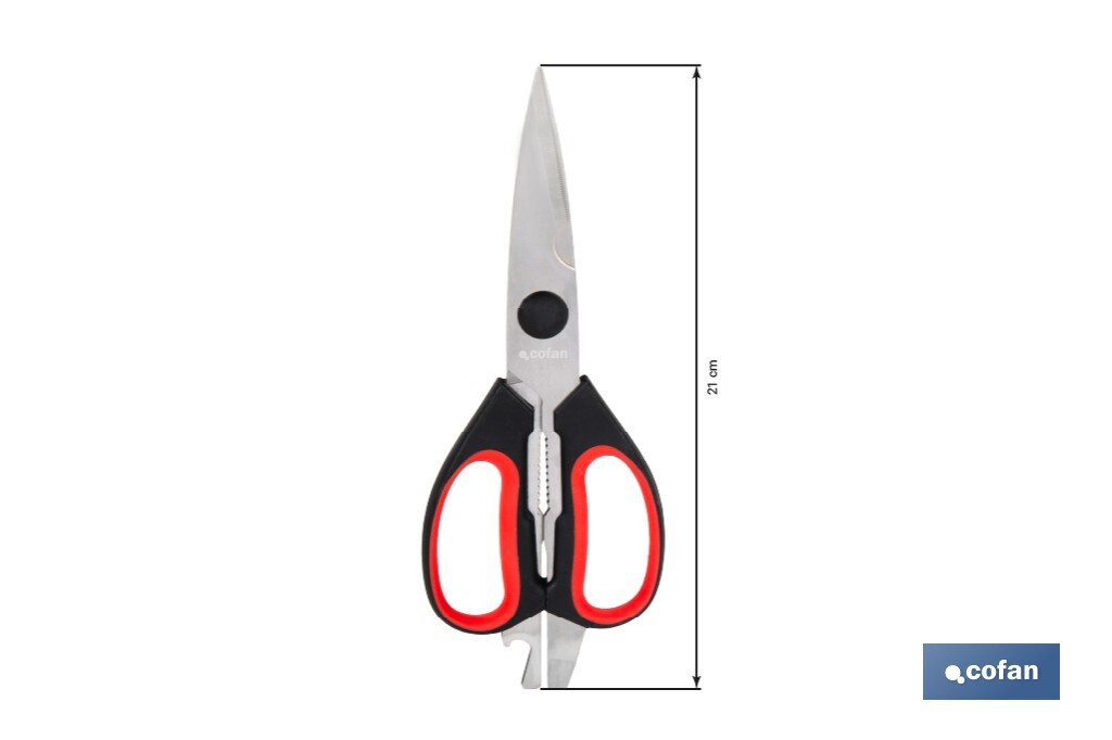 Tijeras de cocina multiusos con mango antideslizante | Hojas de acero inoxidable | Longitud: 21,5 cm | Perfectas para cortar, partir nueces y abrir botellas - Cofan