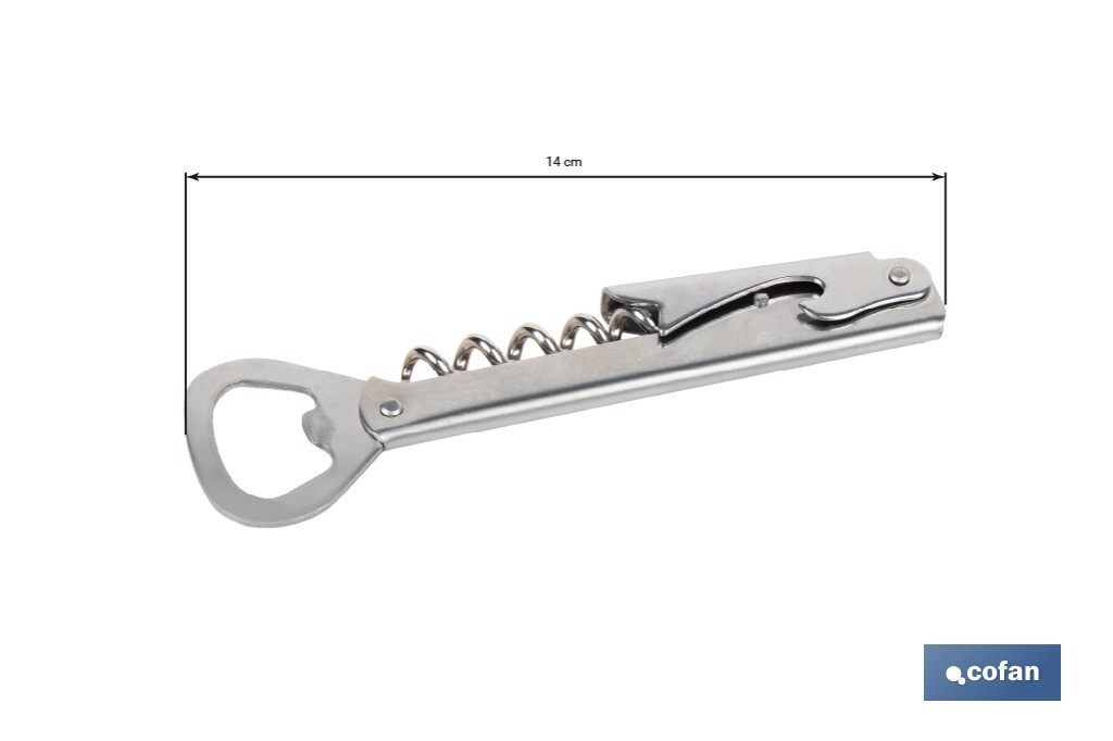 Sacacorchos con abridor | Material: Acero inoxidable | Adecuado para uso profesional | Diseño compacto y duradero | Longitud: 14 cm - Cofan