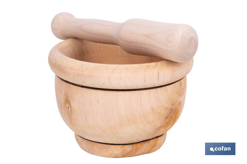 Mortero de madera de abedul con maza. Diámetro: Ø14 cm. Ideal para machacar alimentos - Cofan