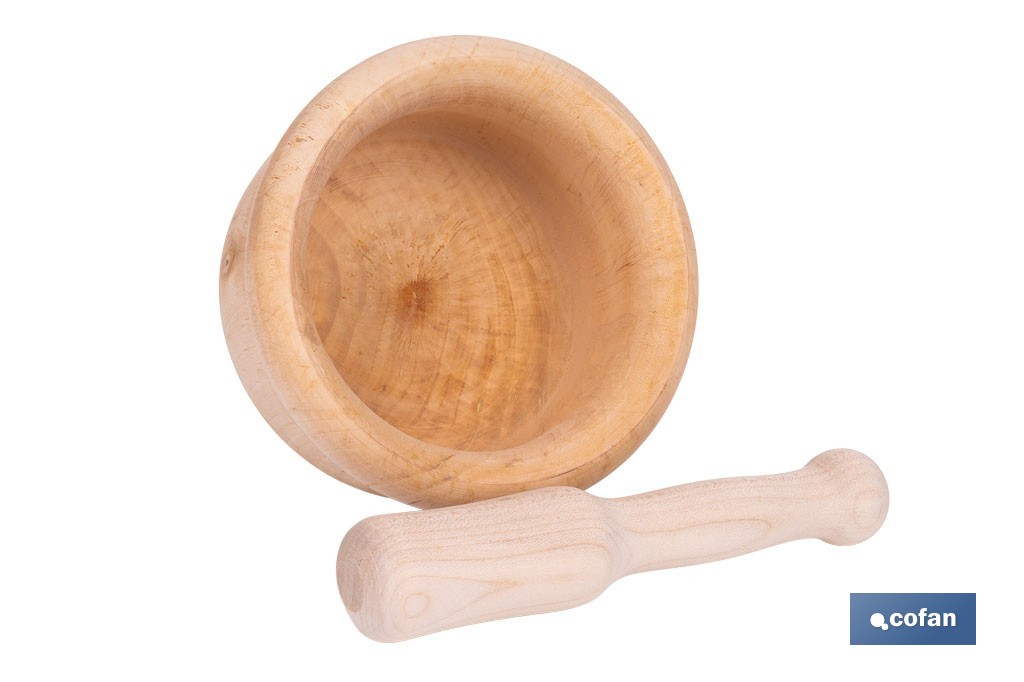Mortero de madera de abedul con maza. Diámetro: Ø14 cm. Ideal para machacar alimentos - Cofan