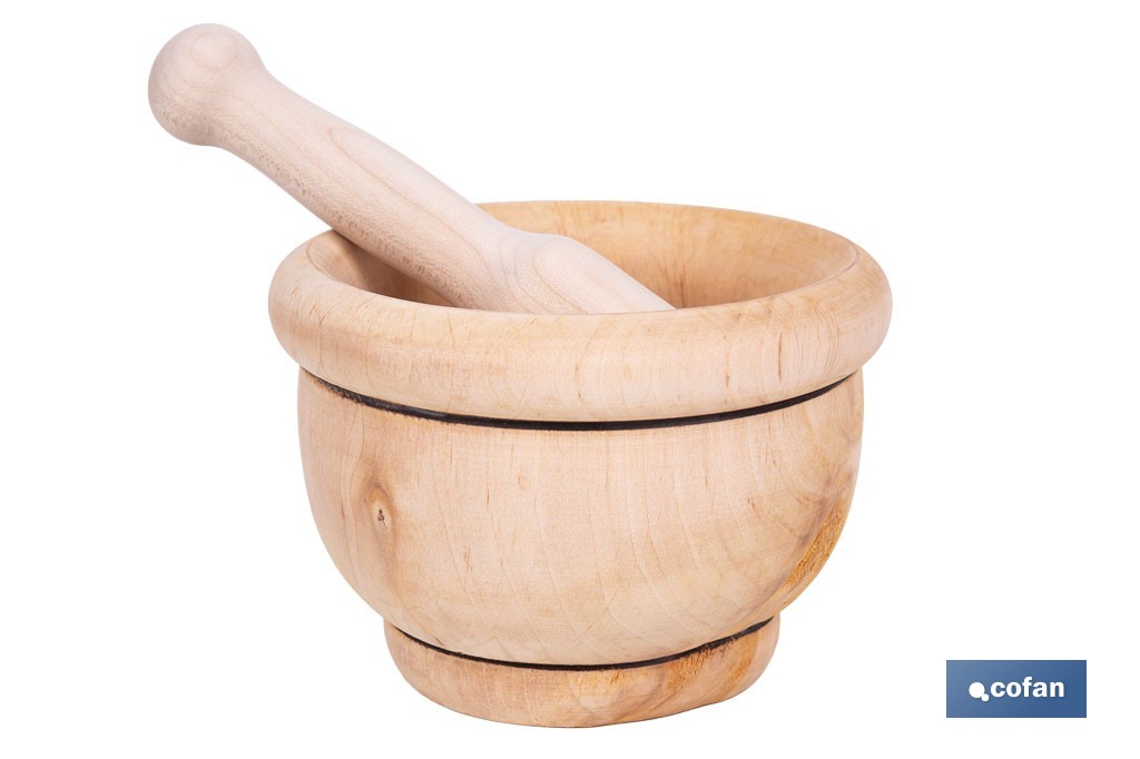 Mortero de madera de abedul con maza. Diámetro: Ø14 cm. Ideal para machacar alimentos - Cofan