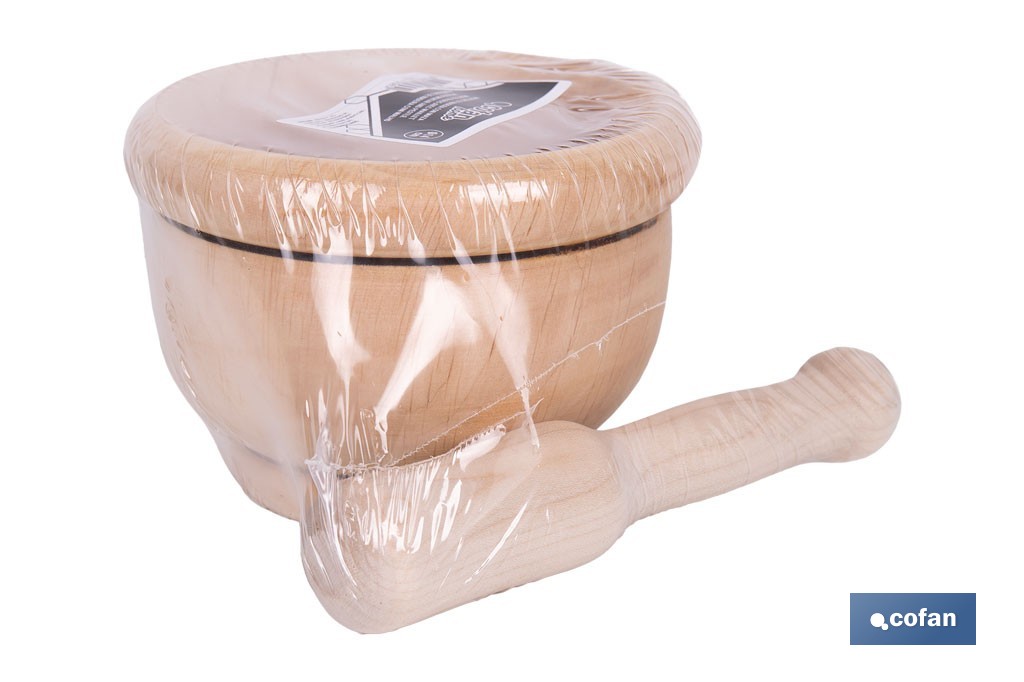 Mortero de madera de abedul con maza. Diámetro: Ø14 cm. Ideal para machacar alimentos - Cofan