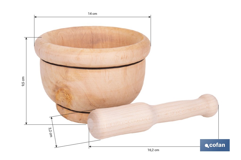 Mortero de madera de abedul con maza. Diámetro: Ø14 cm. Ideal para machacar alimentos - Cofan