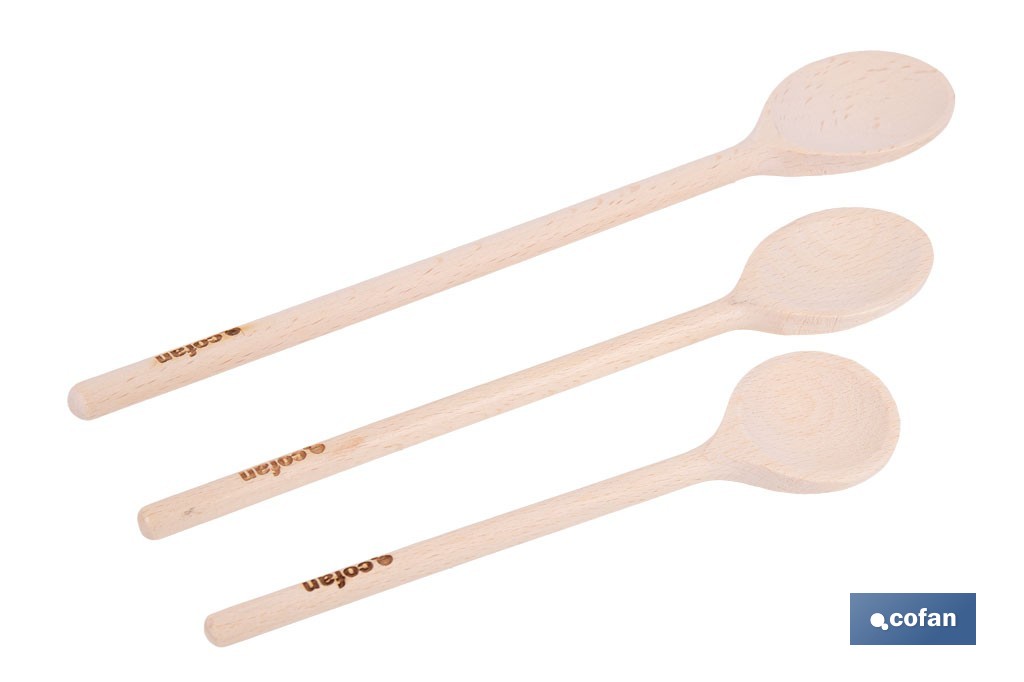Set de 3 cucharas de madera de álamo | Utensilios de 20 cm, 25 cm y 30 cm | Ideal para remover y mezclar - Cofan