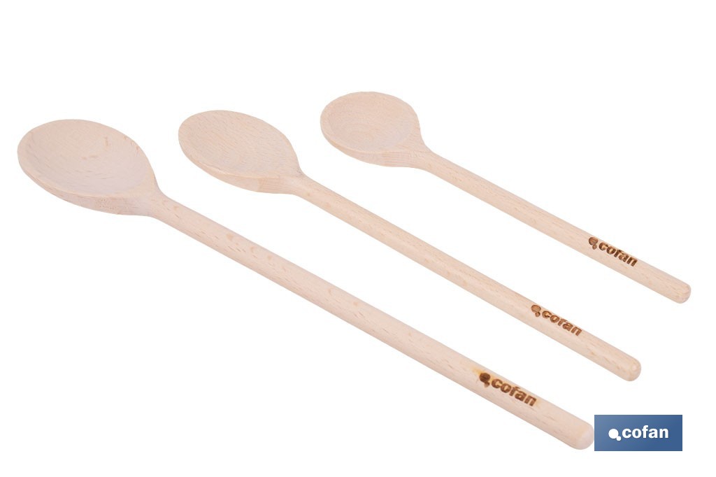 Set de 3 cucharas de madera de álamo | Utensilios de 20 cm, 25 cm y 30 cm | Ideal para remover y mezclar - Cofan