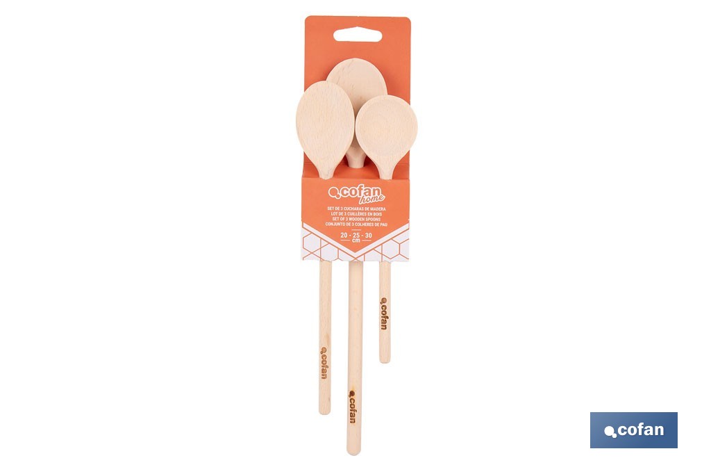 Set de 3 cucharas de madera de álamo | Utensilios de 20 cm, 25 cm y 30 cm | Ideal para remover y mezclar - Cofan
