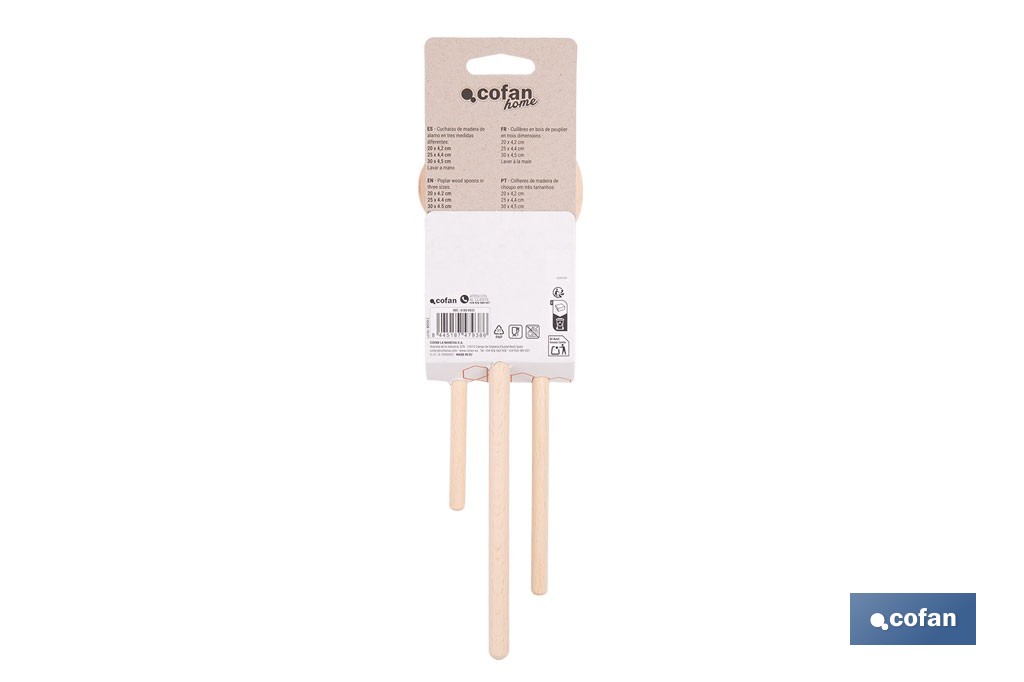 Set de 3 cucharas de madera de álamo | Utensilios de 20 cm, 25 cm y 30 cm | Ideal para remover y mezclar - Cofan