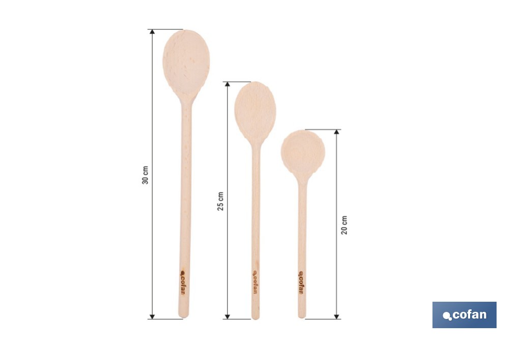 Set de 3 cucharas de madera de álamo | Utensilios de 20 cm, 25 cm y 30 cm | Ideal para remover y mezclar - Cofan