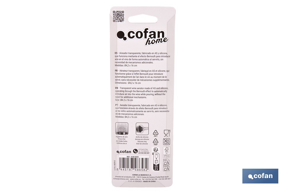 Aireador de vino de ABS y silicona | Decantador de vino transparente | Oxigena y potencia aromas en segundos - Cofan