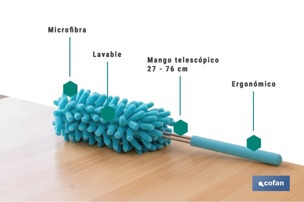 Plumero de microfibra con mango telescópico extensible de 27 a 76 cm. Ideal para altura y rincones - Cofan