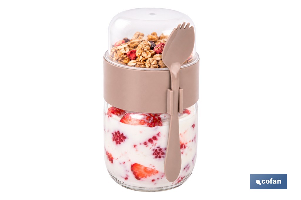 Recipiente de vidrio con 2 compartimentos | Cuchara incluida | Adecuado para llevar comida | Color marrón - Cofan