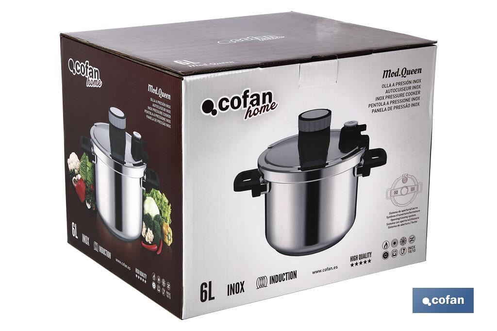 Pressure cooker of 4 or 6 litres, Queen Model | Stainless steel | Induction | One-handed lid closing - Cofan