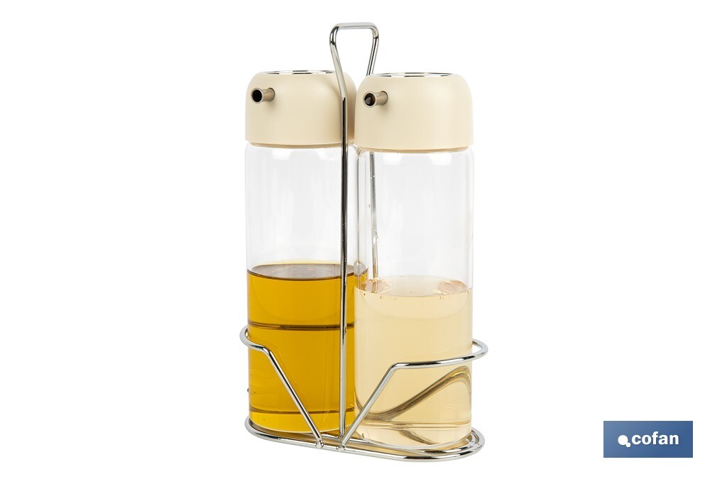 Set de aceitera y vinagrera | Frascos de vidrio borosilicato | Soporte incluido | Tapas de color beige | Juego de 2 piezas | Capacidad: 300 ml - Cofan