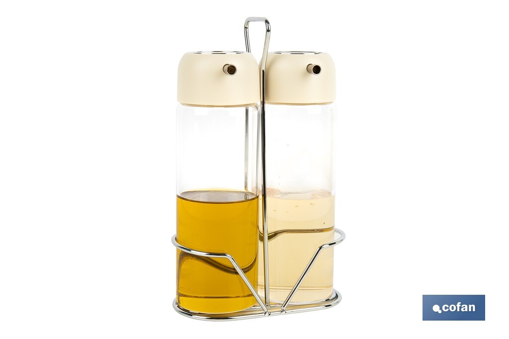 Set de aceitera y vinagrera | Frascos de vidrio borosilicato | Soporte incluido | Tapas de color beige | Juego de 2 piezas | Capacidad: 300 ml - Cofan