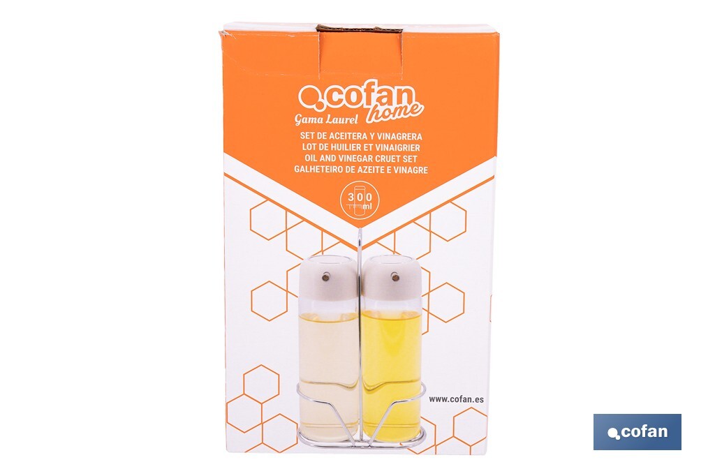 Set de aceitera y vinagrera | Frascos de vidrio borosilicato | Soporte incluido | Tapas de color beige | Juego de 2 piezas | Capacidad: 300 ml - Cofan
