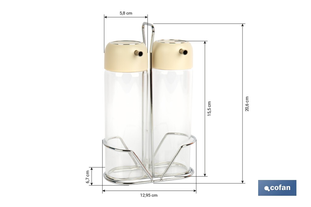 Set de aceitera y vinagrera | Frascos de vidrio borosilicato | Soporte incluido | Tapas de color beige | Juego de 2 piezas | Capacidad: 300 ml - Cofan