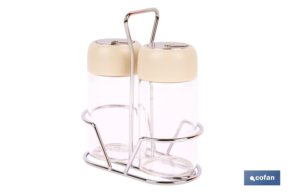 Set de salero y pimentero | Frascos de vidrio borosilicato | Soporte incluido | Tapas de color beige | Juego de 2 piezas | Capacidad: 120 ml - Cofan