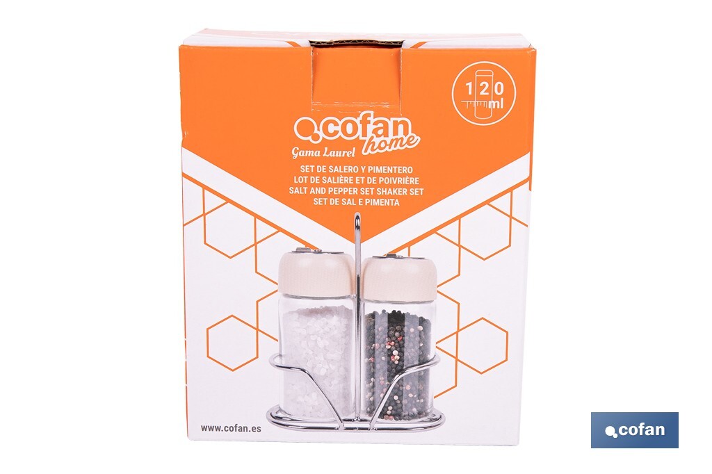 Set de salero y pimentero | Frascos de vidrio borosilicato | Soporte incluido | Tapas de color beige | Juego de 2 piezas | Capacidad: 120 ml - Cofan