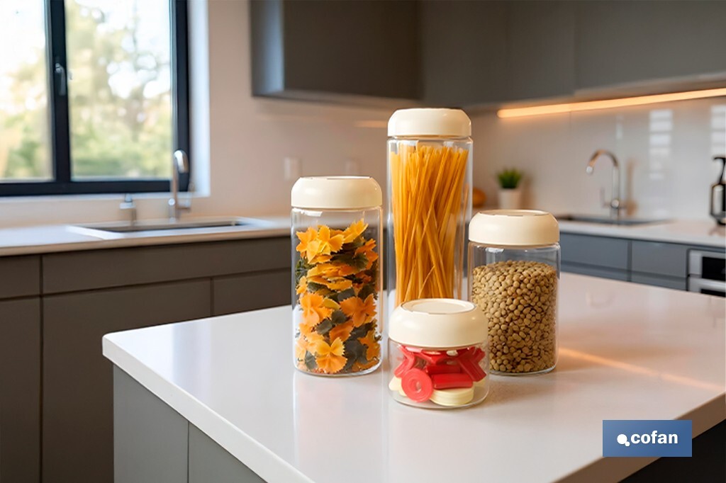 Bote de cocina de vidrio borosilicato | Tapa beige | Cierre a presión | Capacidad: 1,7 l | Almacenaje de alimentos | Medidas: Ø10 x 30 cm - Cofan