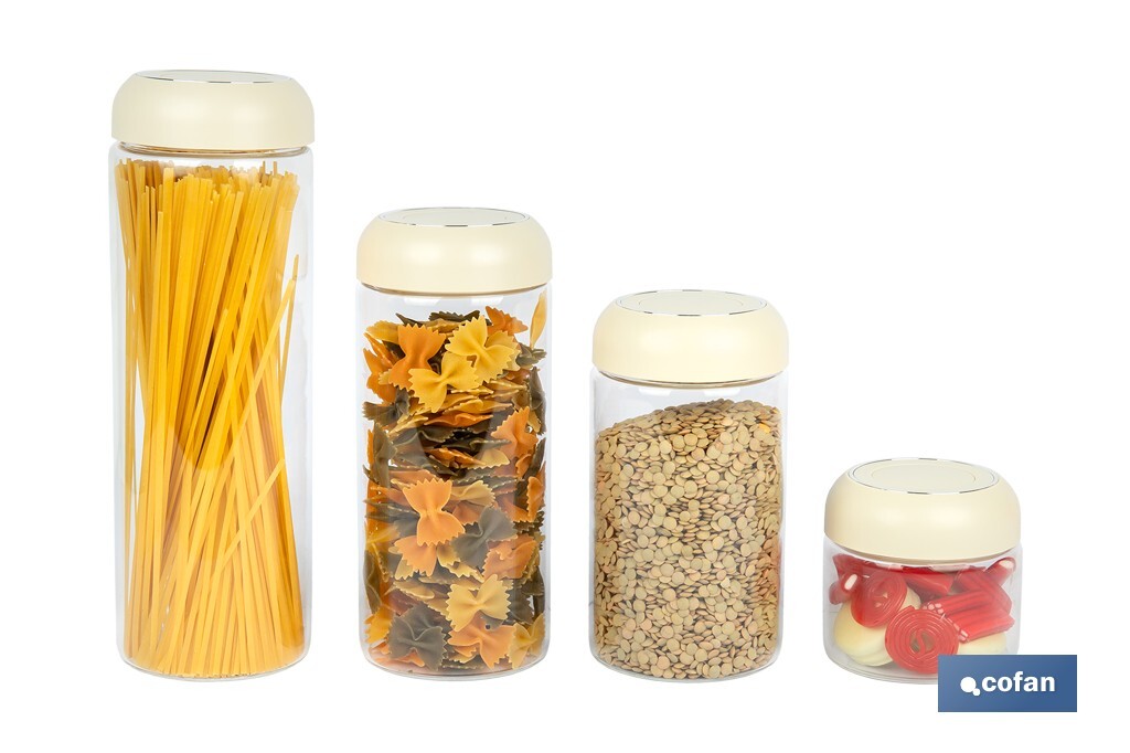 Bote de cocina de vidrio borosilicato | Tapa beige | Cierre a presión | Capacidad: 1,7 l | Almacenaje de alimentos | Medidas: Ø10 x 30 cm - Cofan