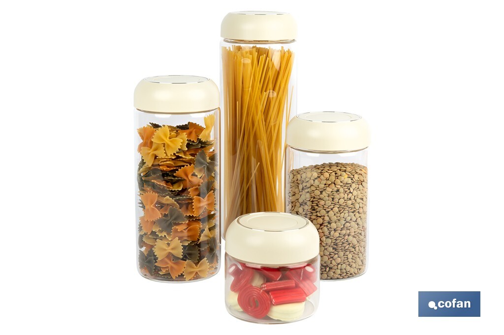 Bote de cocina de vidrio borosilicato | Tapa beige | Cierre a presión | Capacidad: 1,7 l | Almacenaje de alimentos | Medidas: Ø10 x 30 cm - Cofan