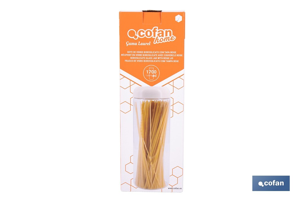 Bote de cocina de vidrio borosilicato | Tapa beige | Cierre a presión | Capacidad: 1,7 l | Almacenaje de alimentos | Medidas: Ø10 x 30 cm - Cofan