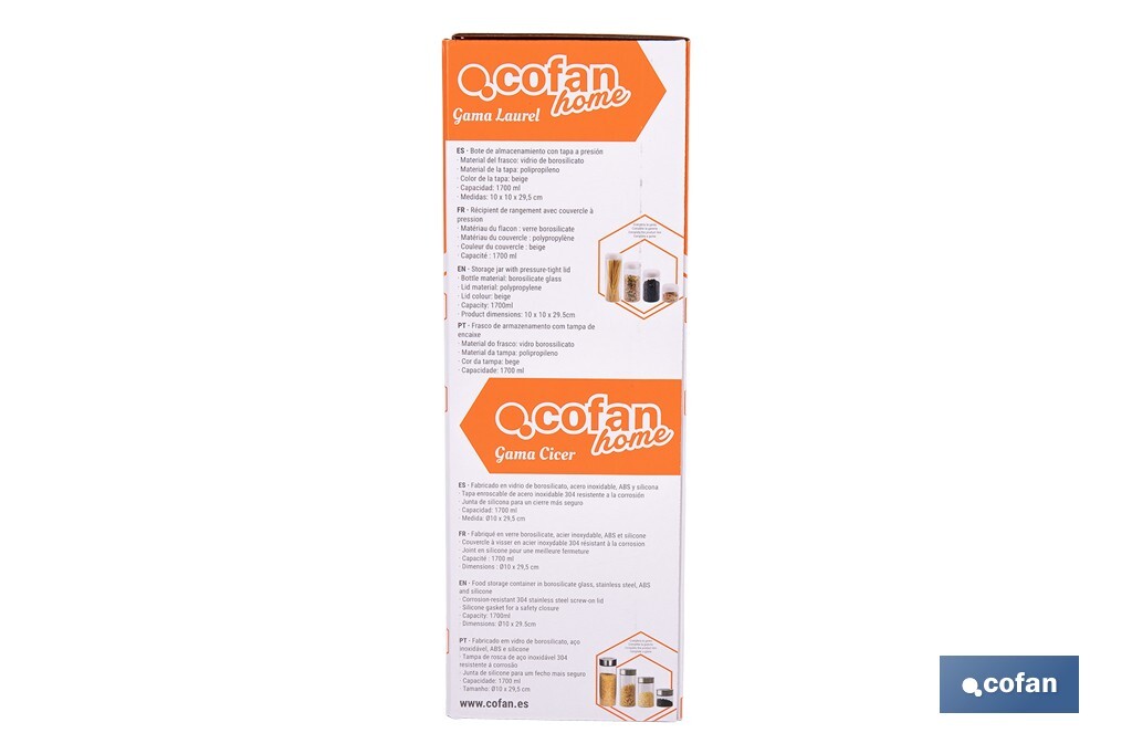 Bote de cocina de vidrio borosilicato | Tapa beige | Cierre a presión | Capacidad: 1,7 l | Almacenaje de alimentos | Medidas: Ø10 x 30 cm - Cofan
