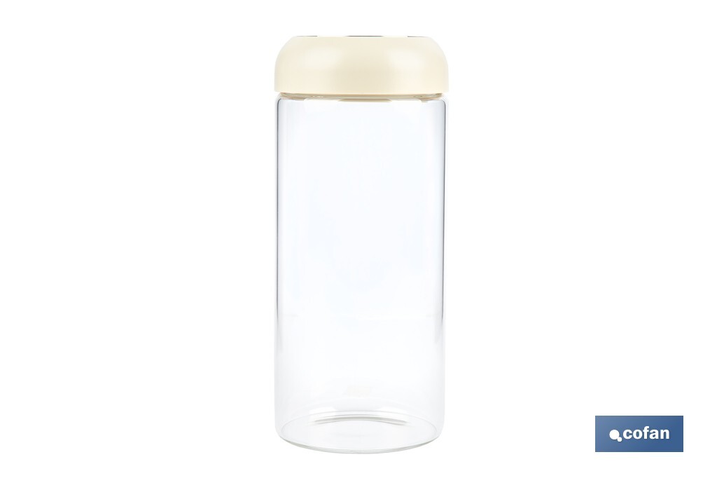 Bote de cocina de vidrio borosilicato | Tapa beige | Cierre a presión | Capacidad: 1,3 litros | Almacenaje de alimentos | Medidas: Ø10 x 23 cm - Cofan