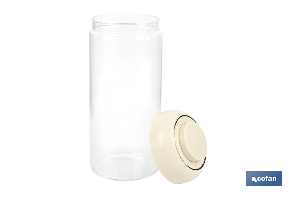 Bote de cocina de vidrio borosilicato | Tapa beige | Cierre a presión | Capacidad: 1,3 litros | Almacenaje de alimentos | Medidas: Ø10 x 23 cm - Cofan
