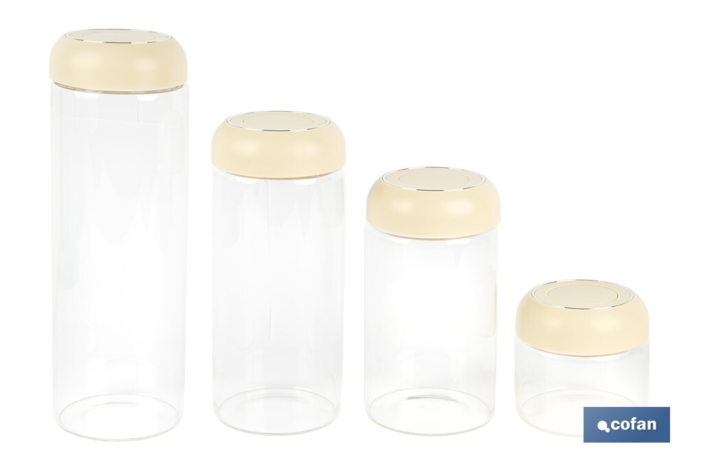 Bote de cocina de vidrio borosilicato | Tapa beige | Cierre a presión | Capacidad: 1,3 litros | Almacenaje de alimentos | Medidas: Ø10 x 23 cm - Cofan